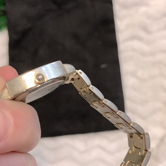 VINTAGE Gold-tone Linked Watch•By Figaro Couture•CZ Paved Pearly-Square Face - Picture 3 of 12